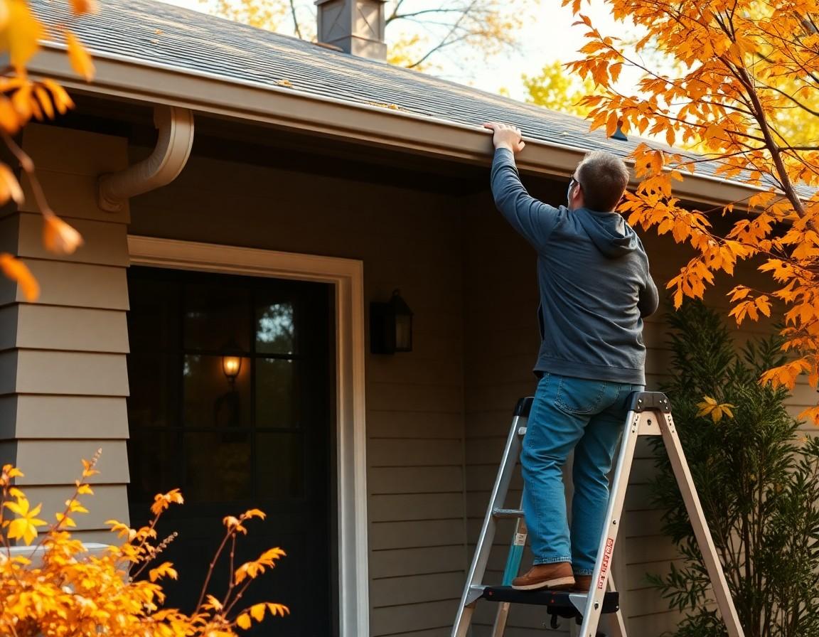Homeowner inspecting gutters and exterior of a house in autumn