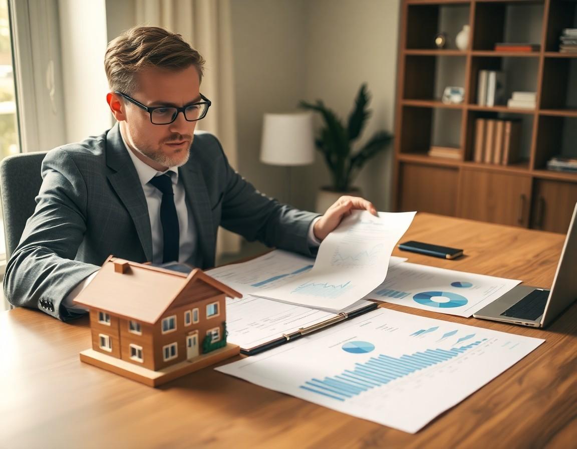 Investor reviewing real estate investment documents with property model and financial charts
