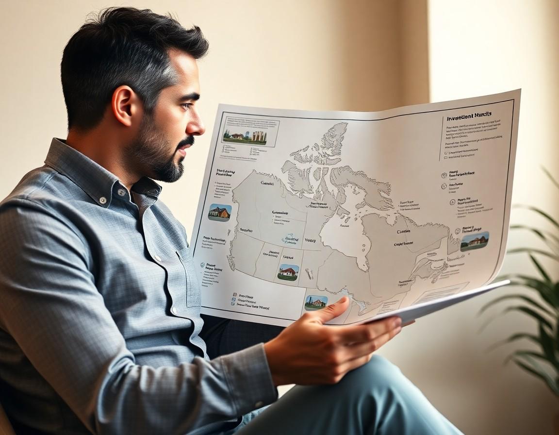 Real estate investor reviewing a map of Canadian investment markets with property data