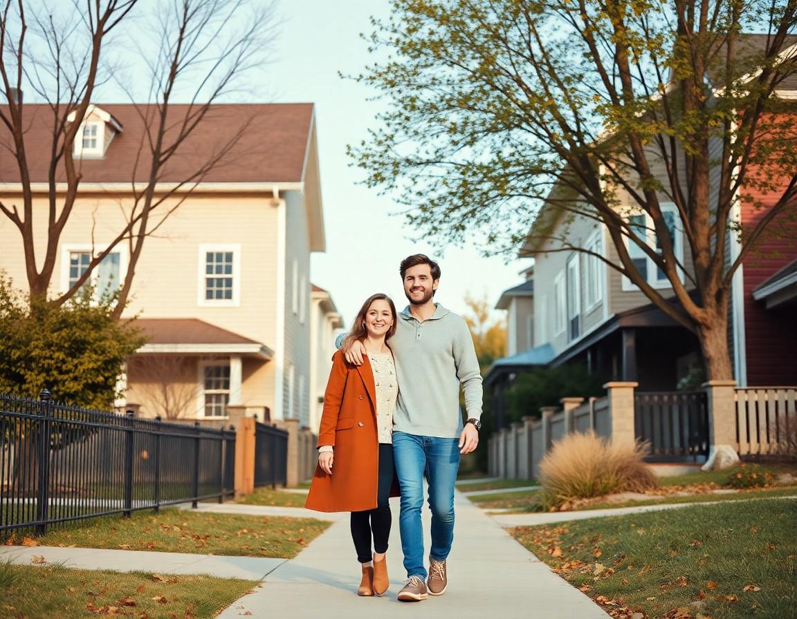 Young couple exploring a new Canadian city neighbourhood as prospective first-time home buyers