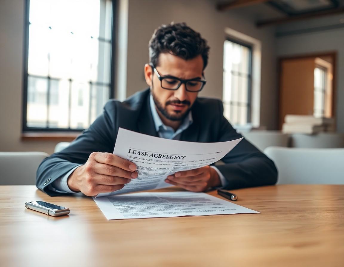 Person reviewing a lease agreement document at a desk