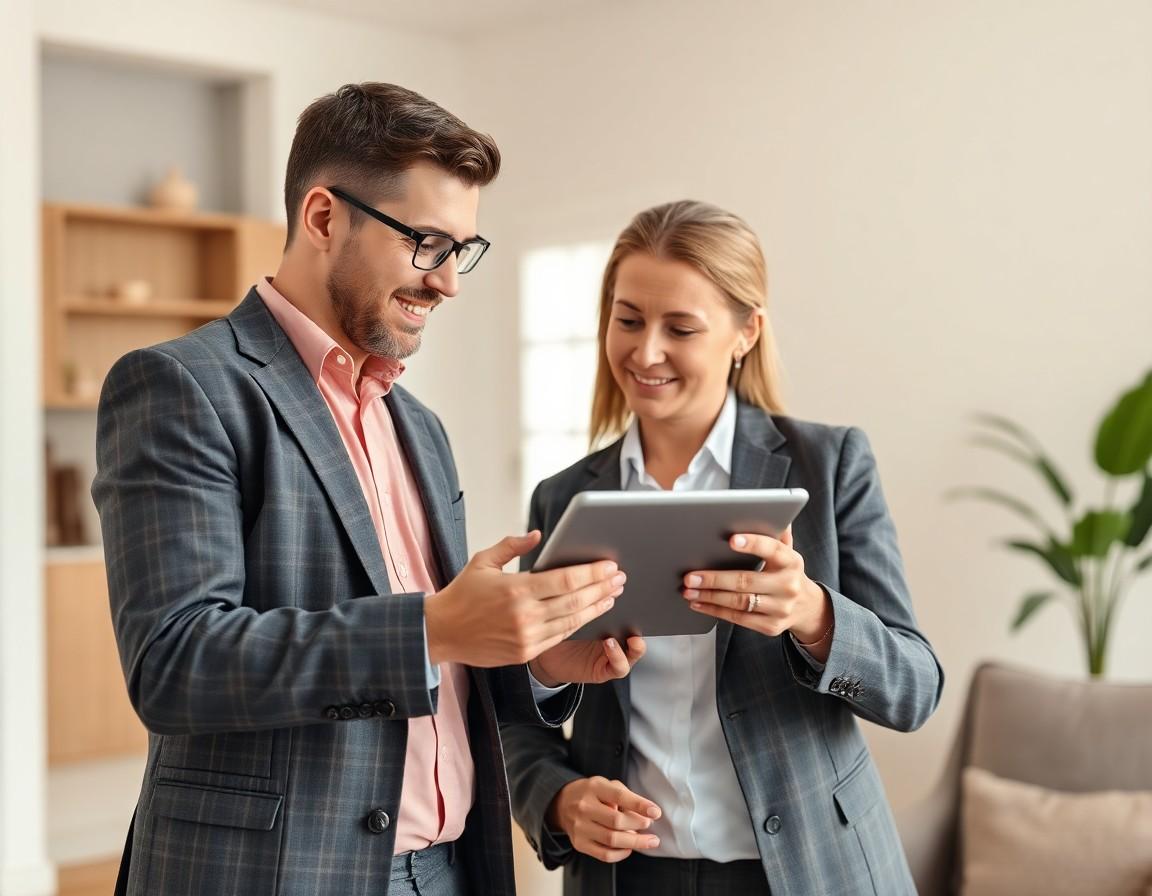 Investor and real estate agent reviewing a rental property listing on a tablet