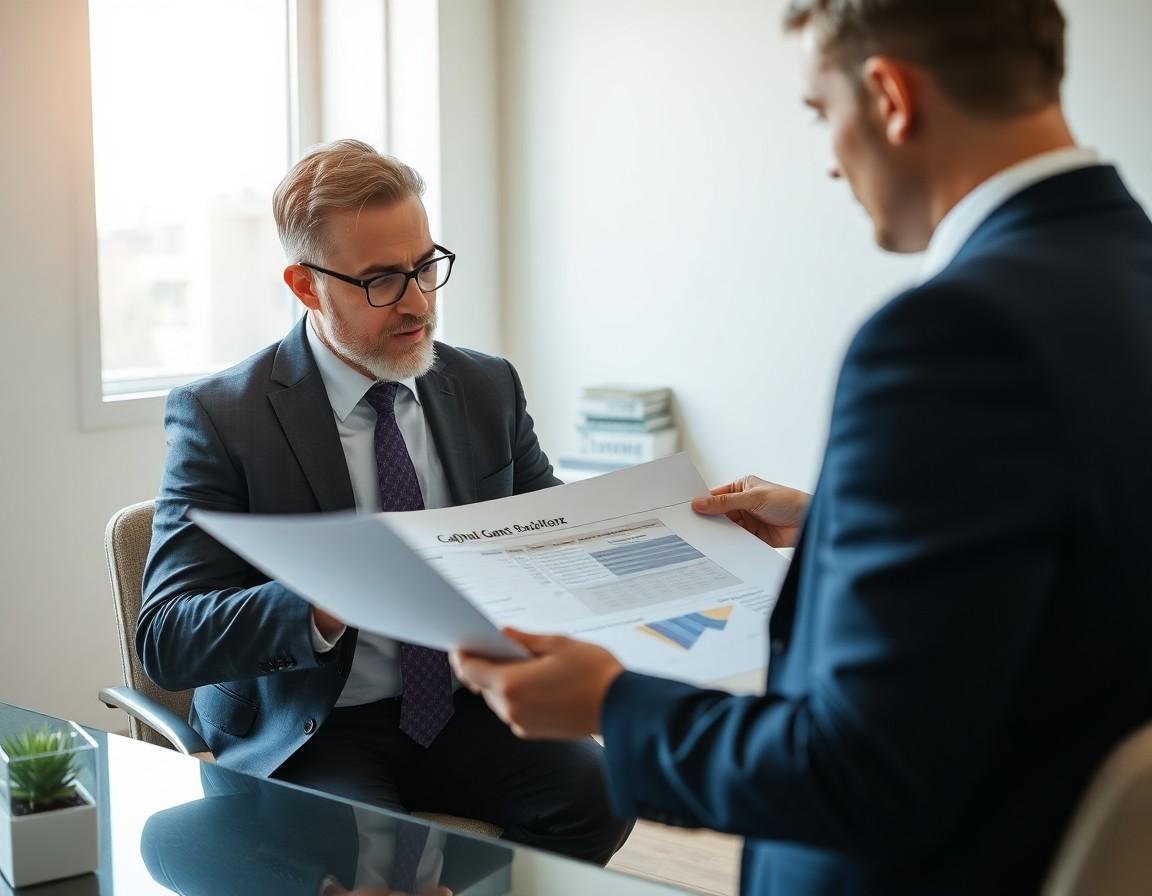 Accountant reviewing capital gains tax calculation for investment property sale with client