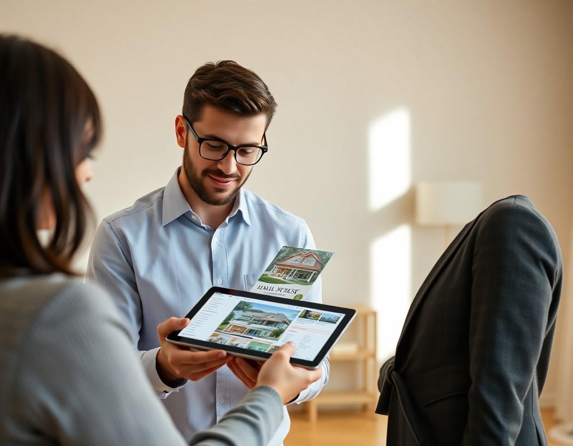 Real estate agent showing clients property listings on a tablet computer