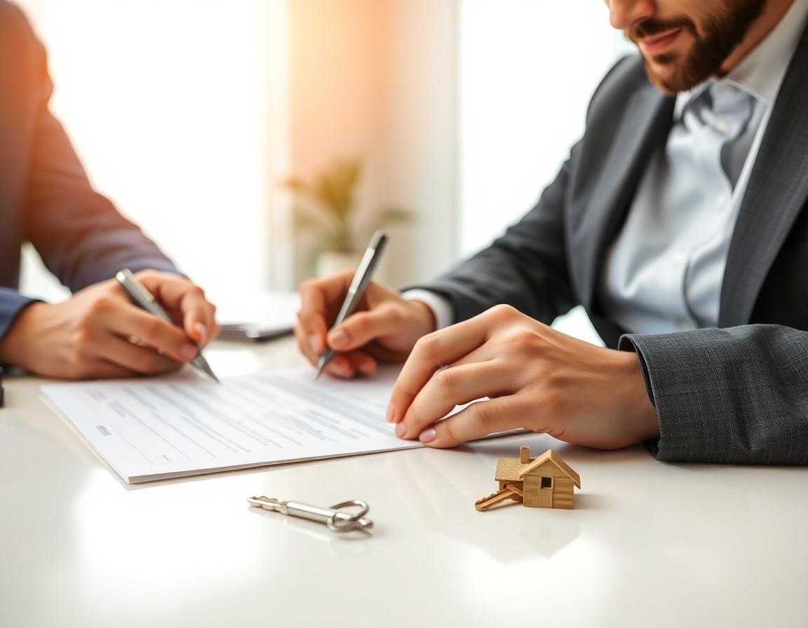 Real estate lawyer reviewing closing documents at a desk