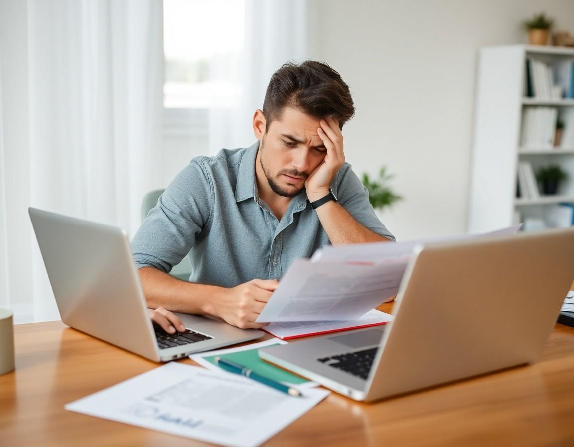 First-time home buyer reviewing paperwork at a kitchen table