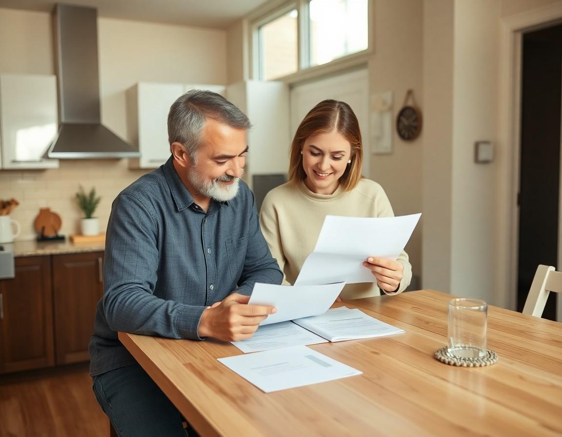 Homeowner and real estate agent reviewing documents at kitchen table