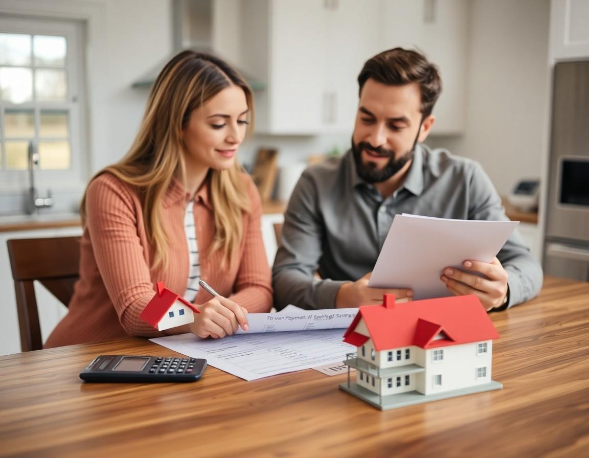 Couple reviewing savings and down payment documents at a kitchen table