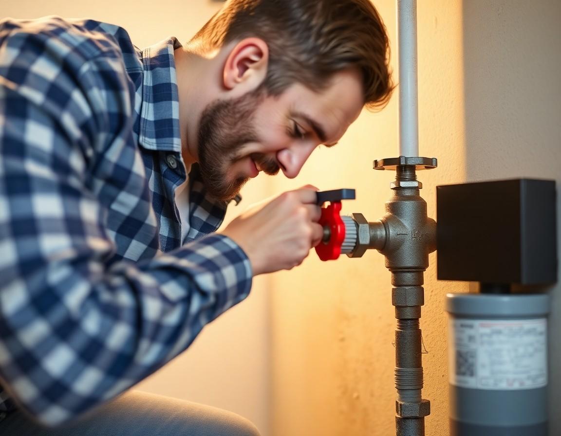 Homeowner quickly shutting off main water valve during a plumbing emergency