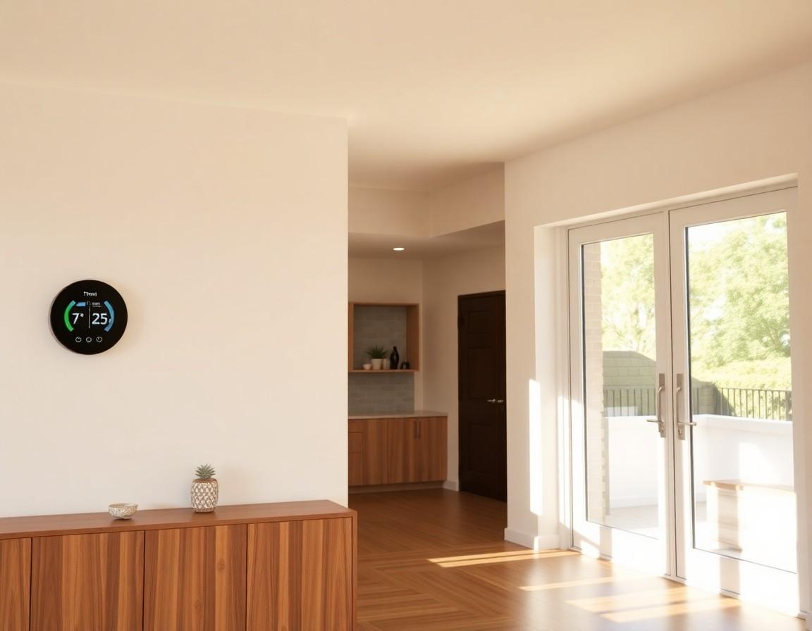 Bright modern home interior with energy-efficient LED lighting and smart thermostat on wall