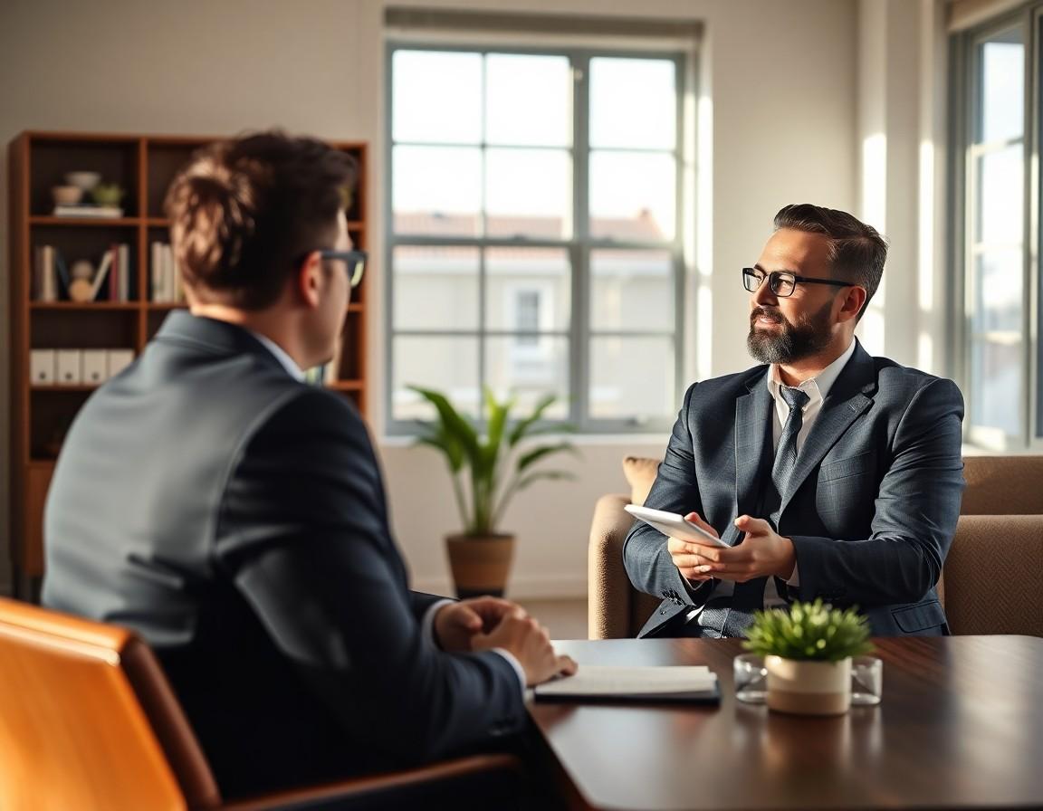Mortgage broker meeting with real estate investor to discuss investment property financing