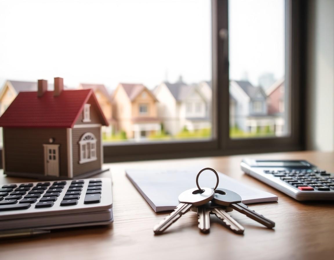 House keys, a model house and a calculator on a table