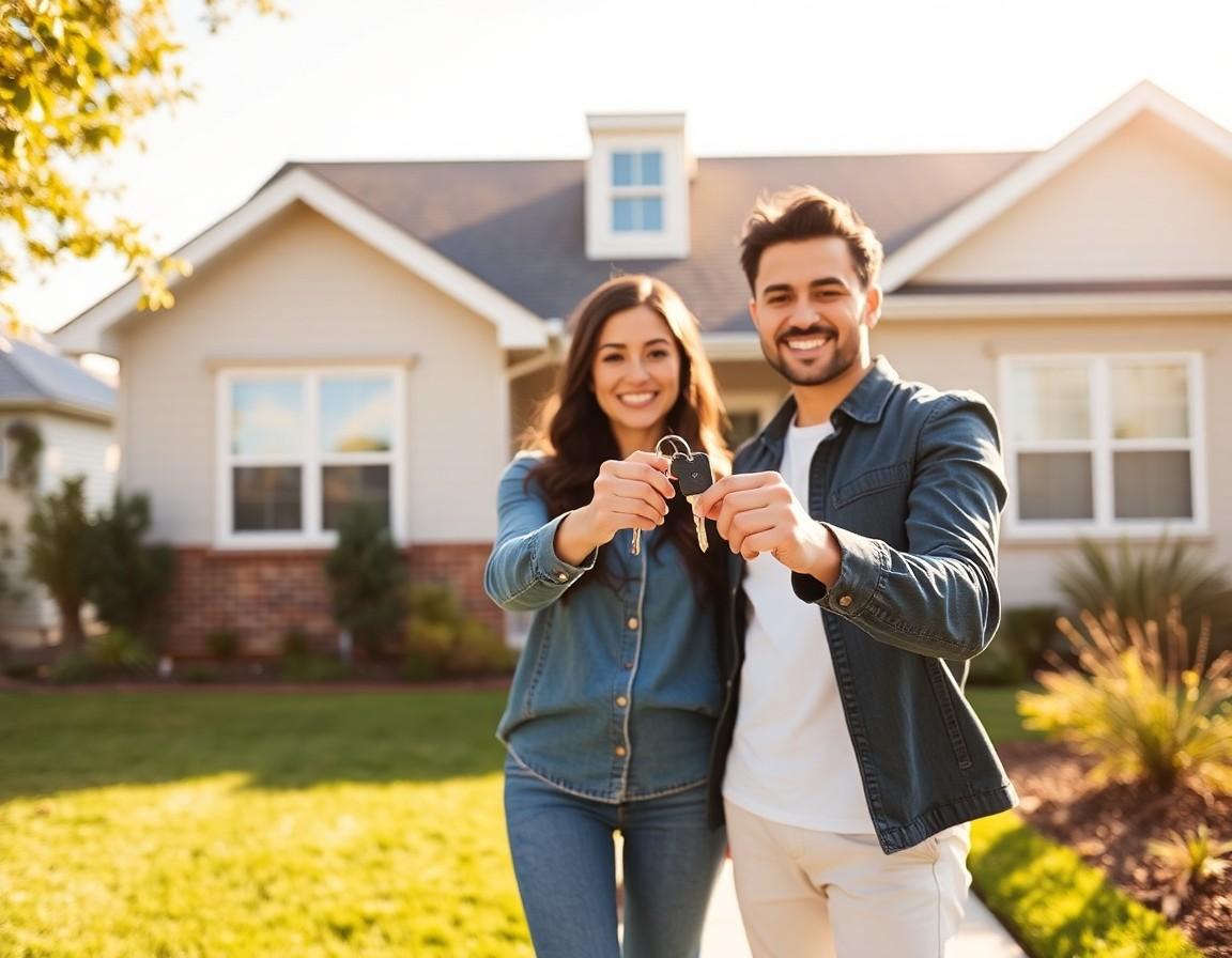 Young couple receiving keys to their first home