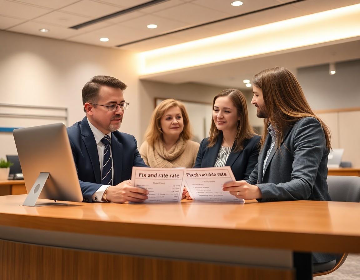 Mortgage advisor explaining rate options to a couple at a desk