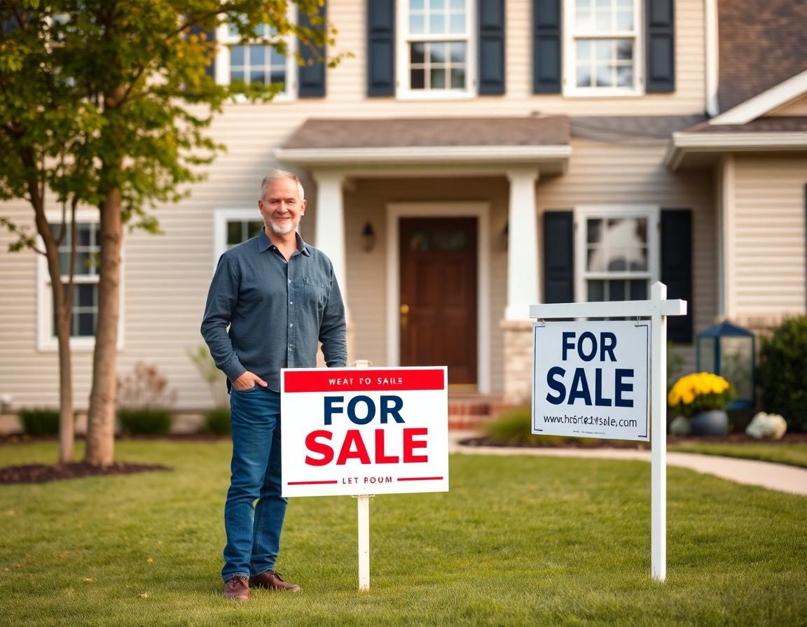 Homeowner confidently standing in front of their home with a for sale sign on the lawn