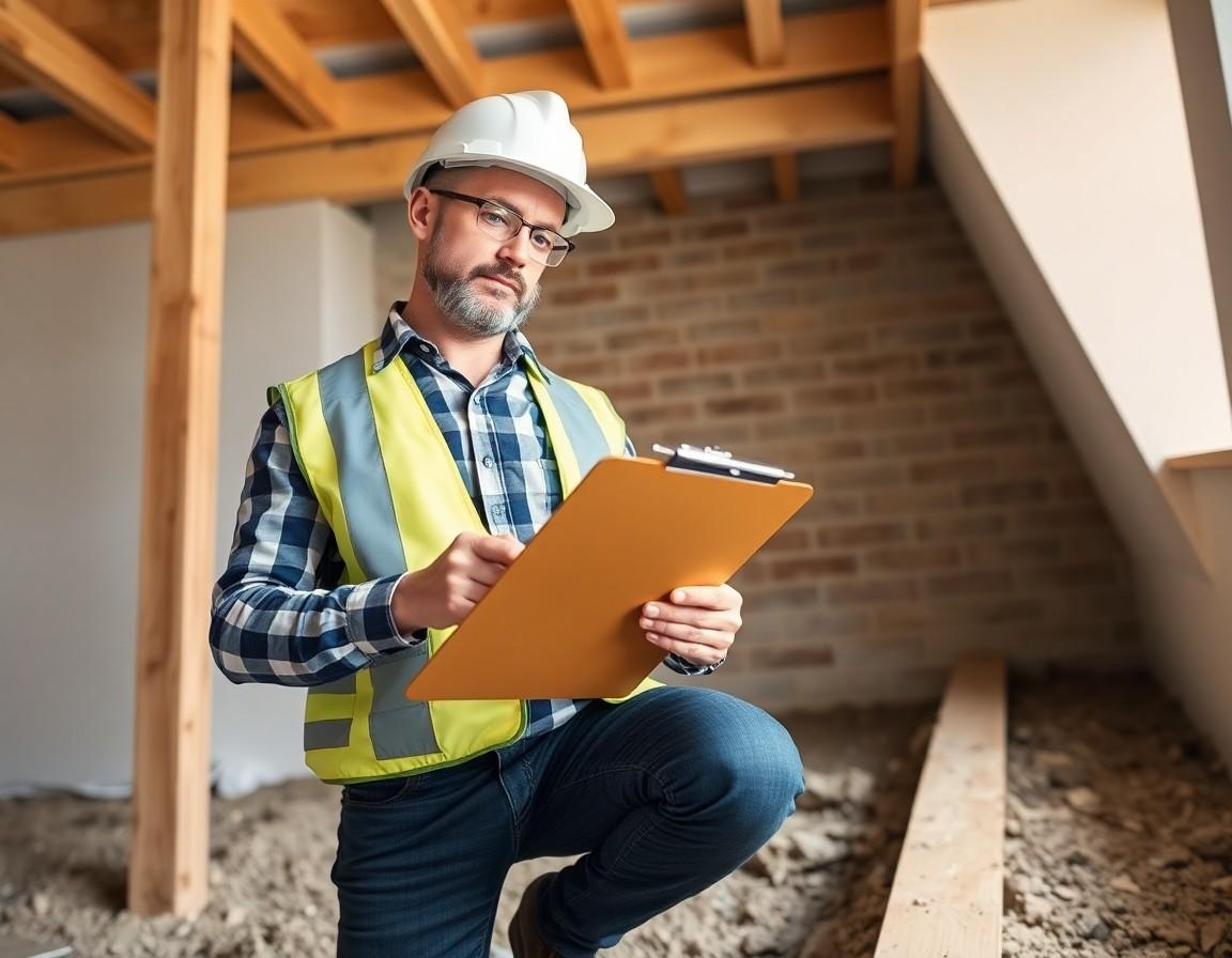 Home inspector examining the exterior foundation of a house