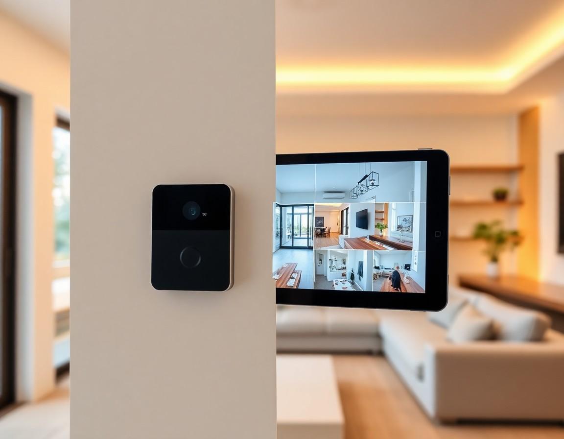 Modern smart home security panel with camera footage displayed on a tablet