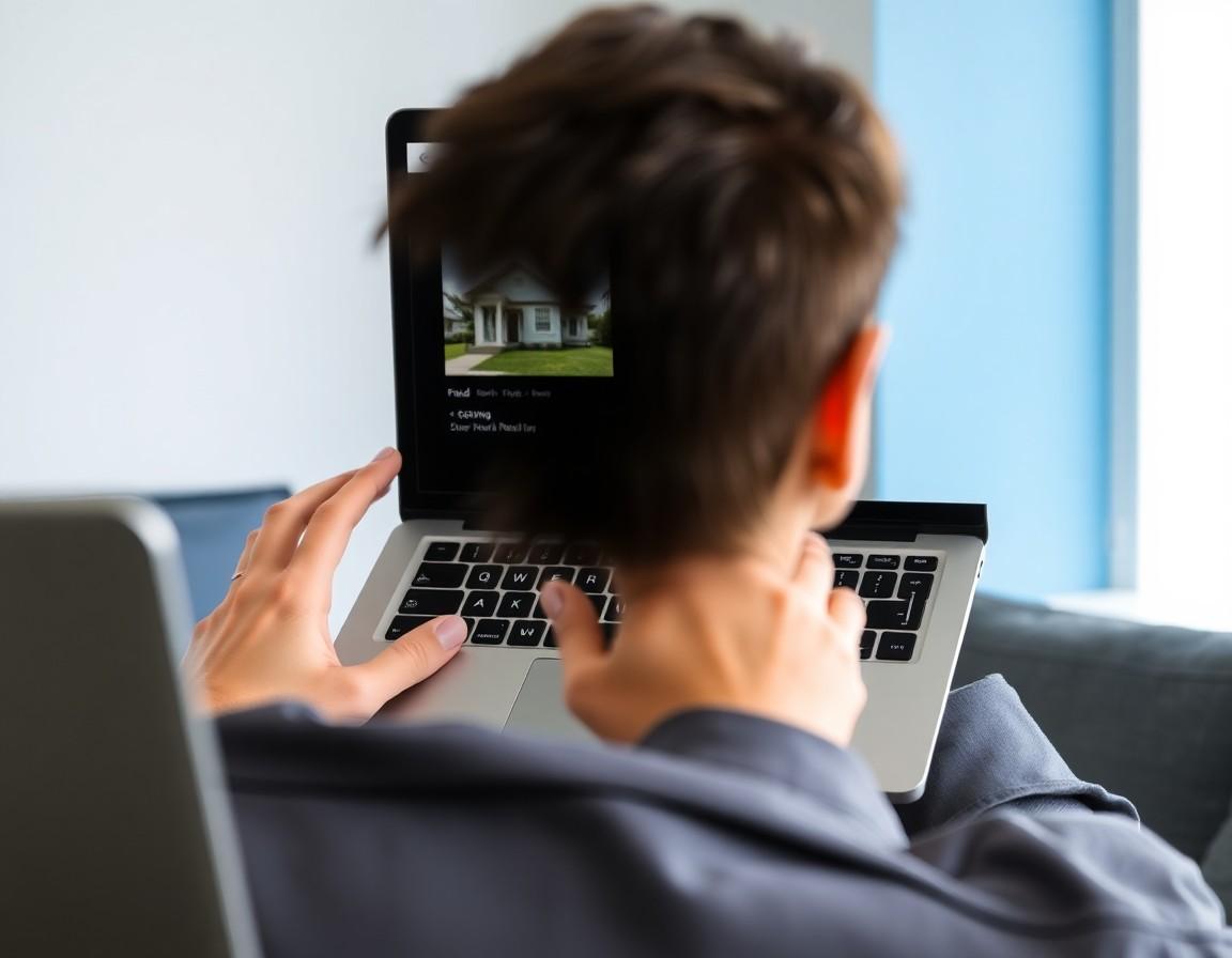 Person reviewing a suspicious rental listing on a laptop