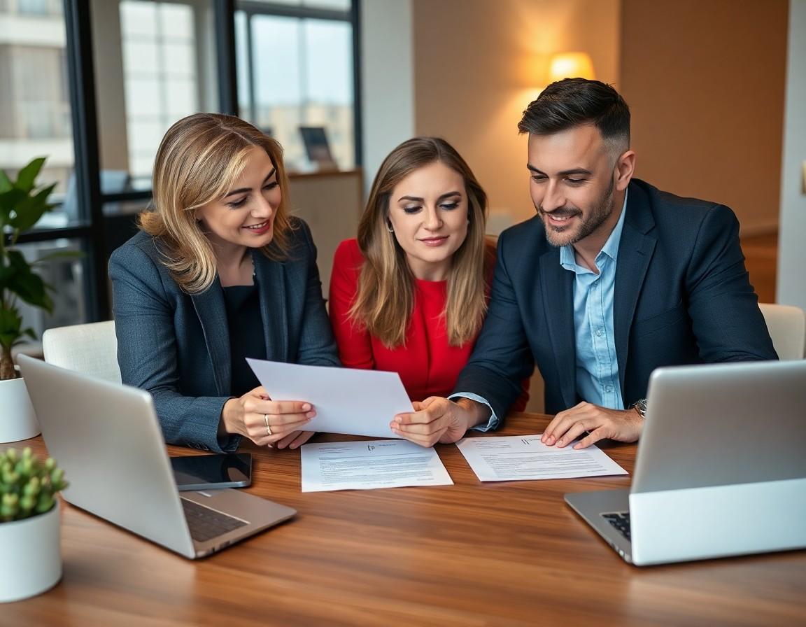 Real estate agent and buyers reviewing an offer to purchase at a table