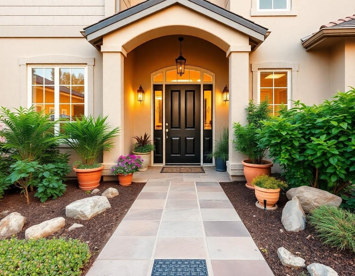 Welcoming home entrance with lush landscaping, stone walkway, and potted plants