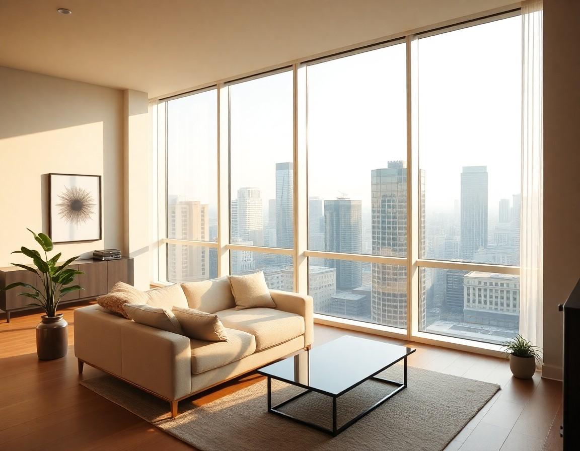 Bright modern condo interior with floor-to-ceiling windows and city view