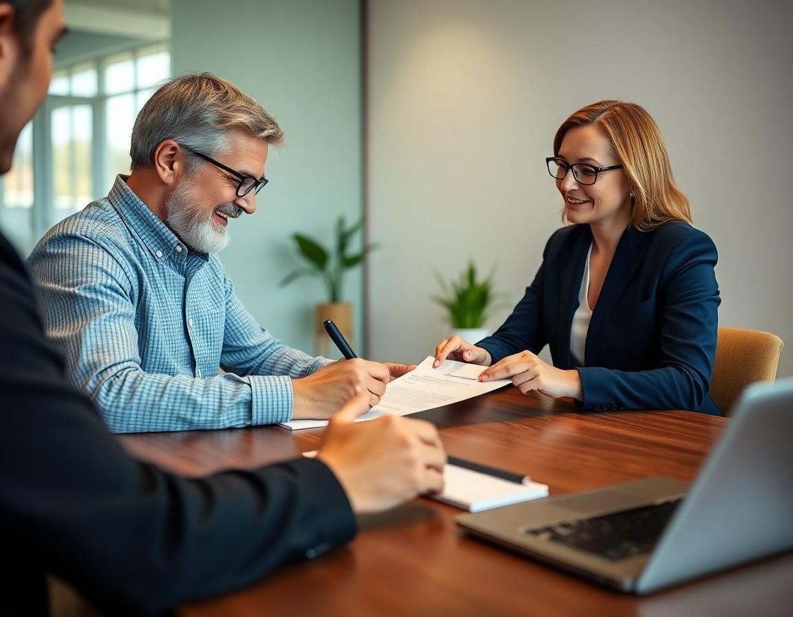 Homeowner signing mortgage renewal documents at a bank meeting