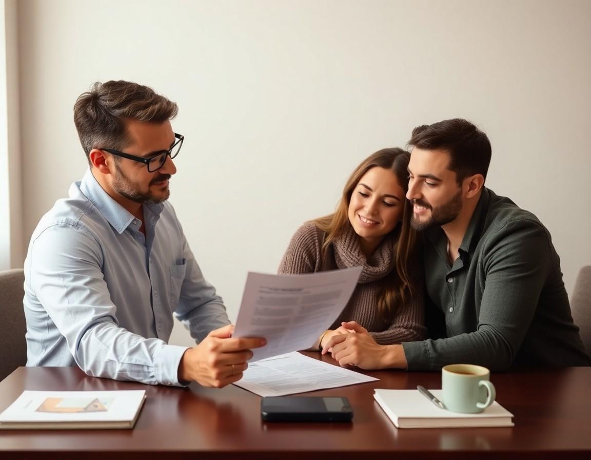 Mortgage officer reviewing stress test qualification with homebuyer couple