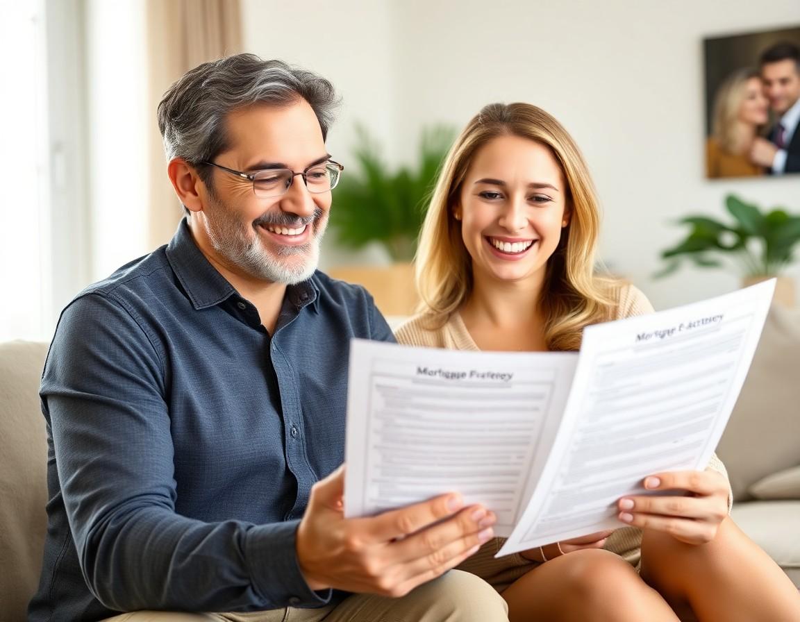 Happy homeowner reviewing mortgage payoff strategy documents with calculator