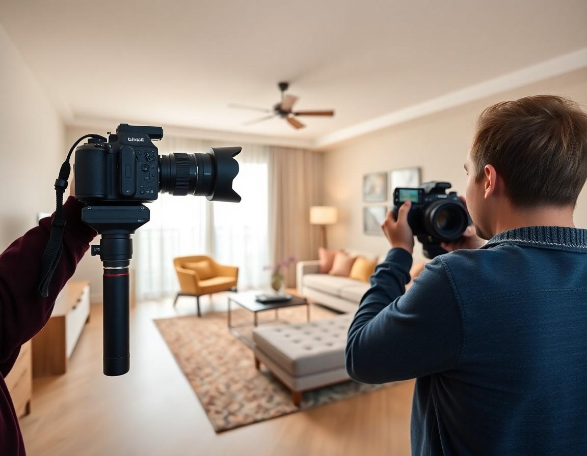 Professional photographer with camera photographing a bright modern living room interior