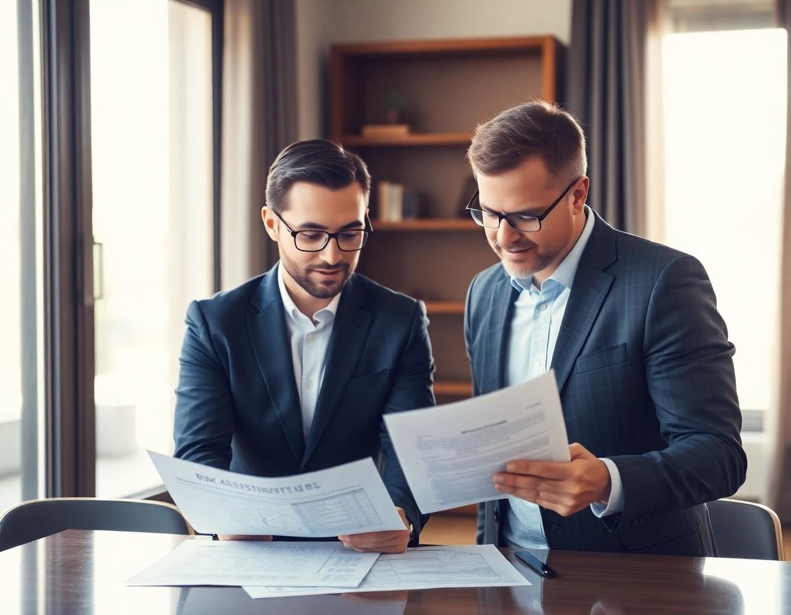 Real estate investor reviewing risk assessment documents with advisor