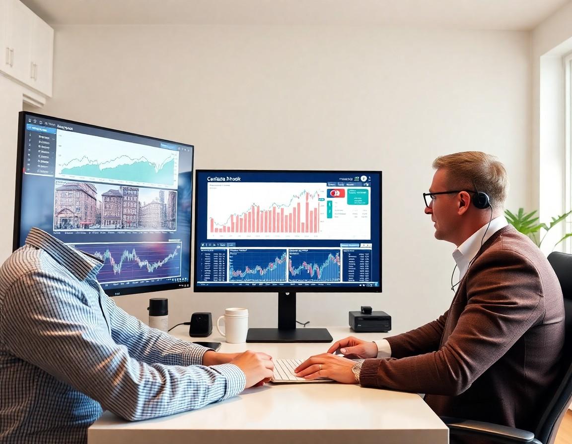 Investor analyzing Canadian real estate market trend data on multiple screens
