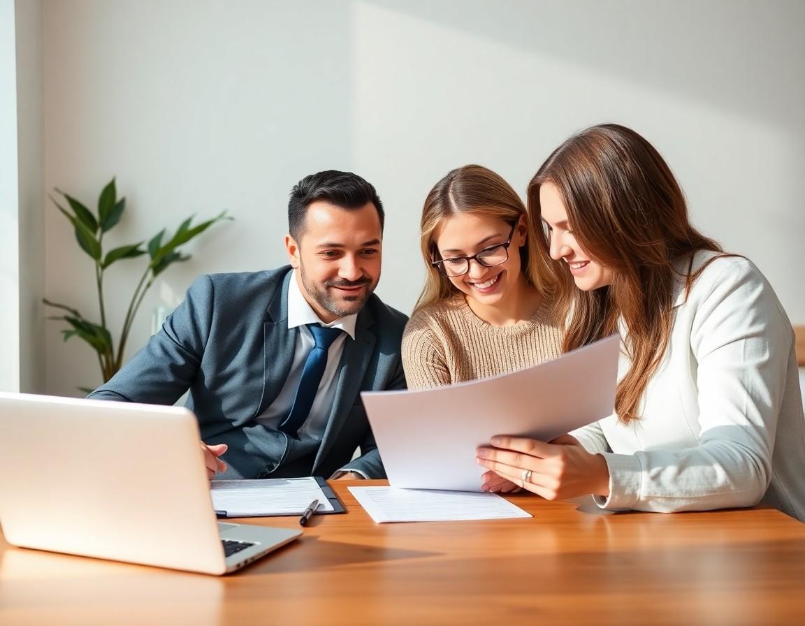 Couple reviewing mortgage refinancing documents with financial advisor