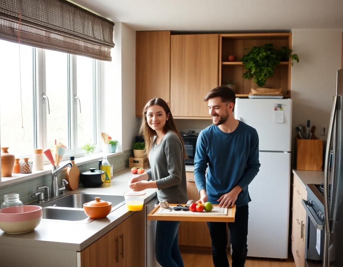 Two people reviewing a lease agreement together at a kitchen table
