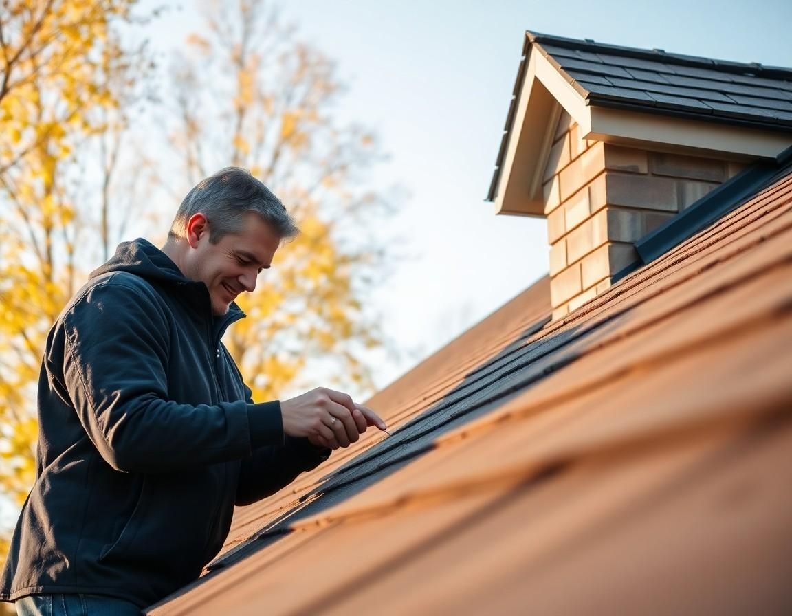 Homeowner inspecting roof shingles and eavestroughs on a clear fall day
