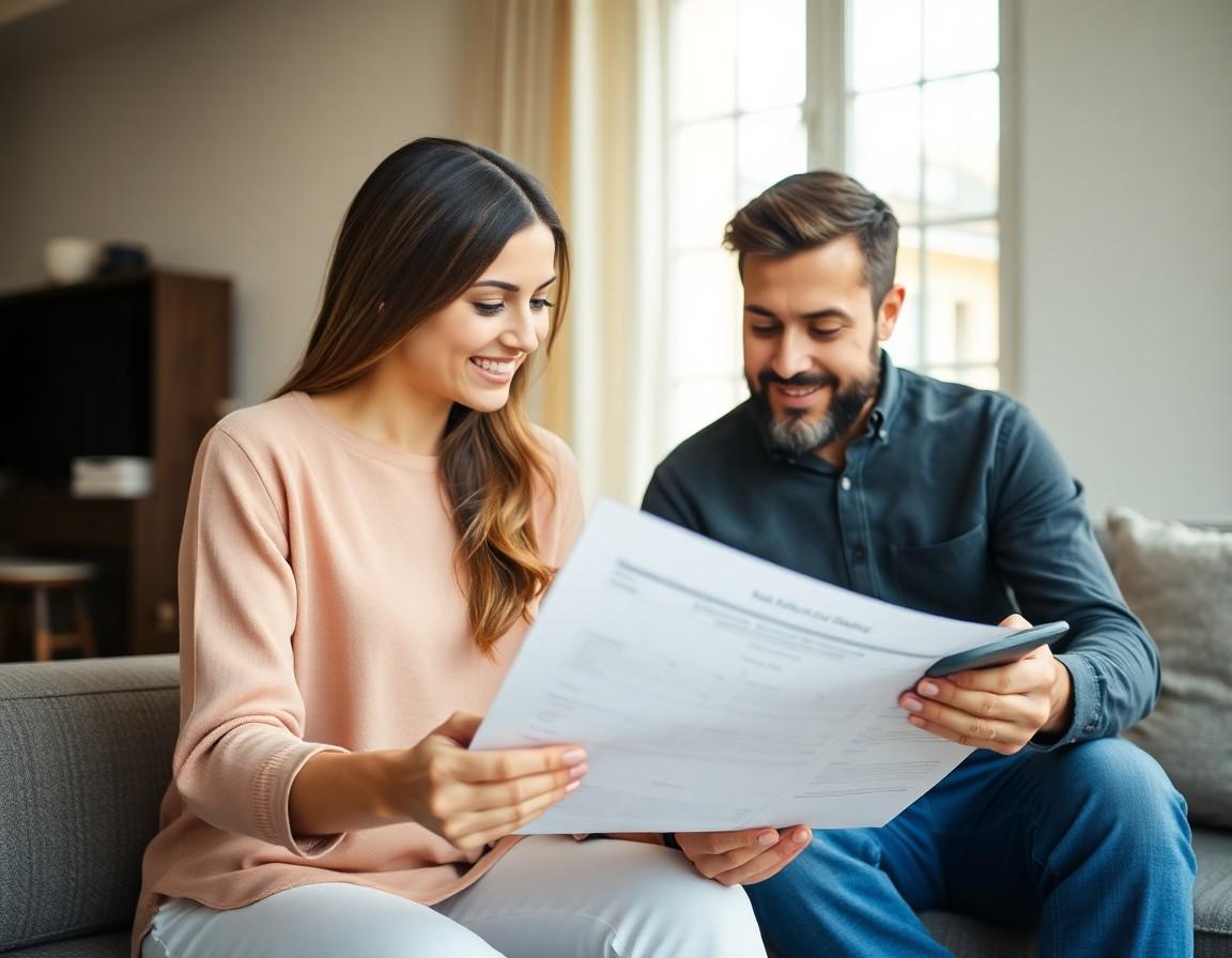Couple reviewing financial documents at home with calculator