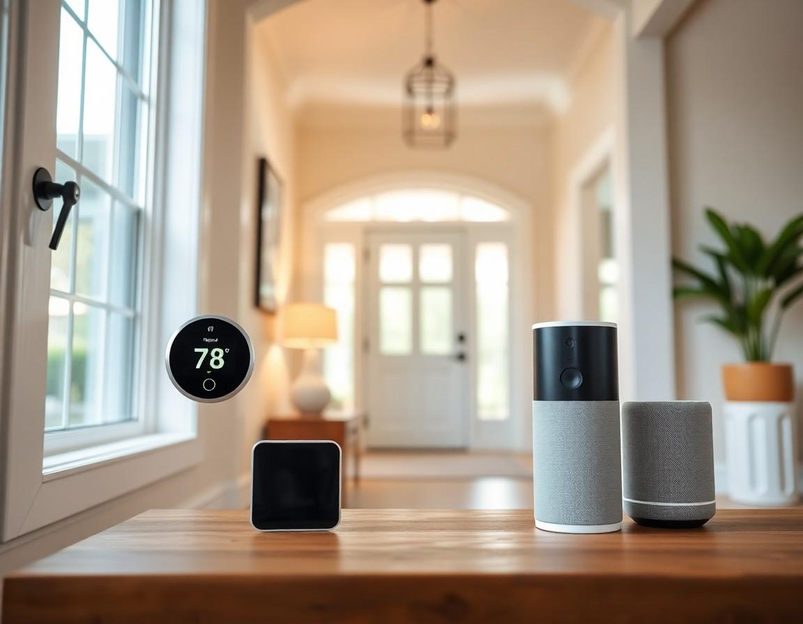 Modern smart home devices including thermostat, doorbell camera, and smart speaker in a bright entryway