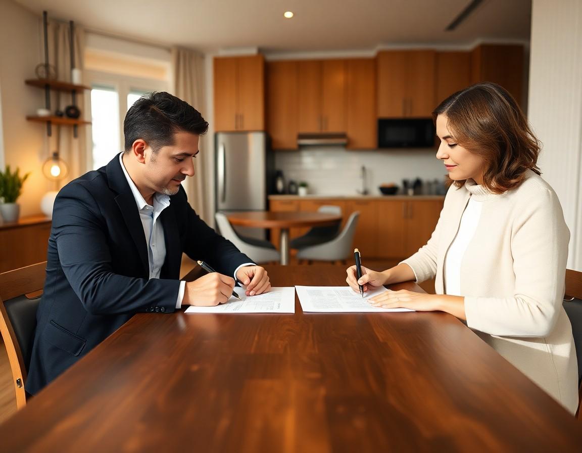 Two people signing a sublease agreement at a table