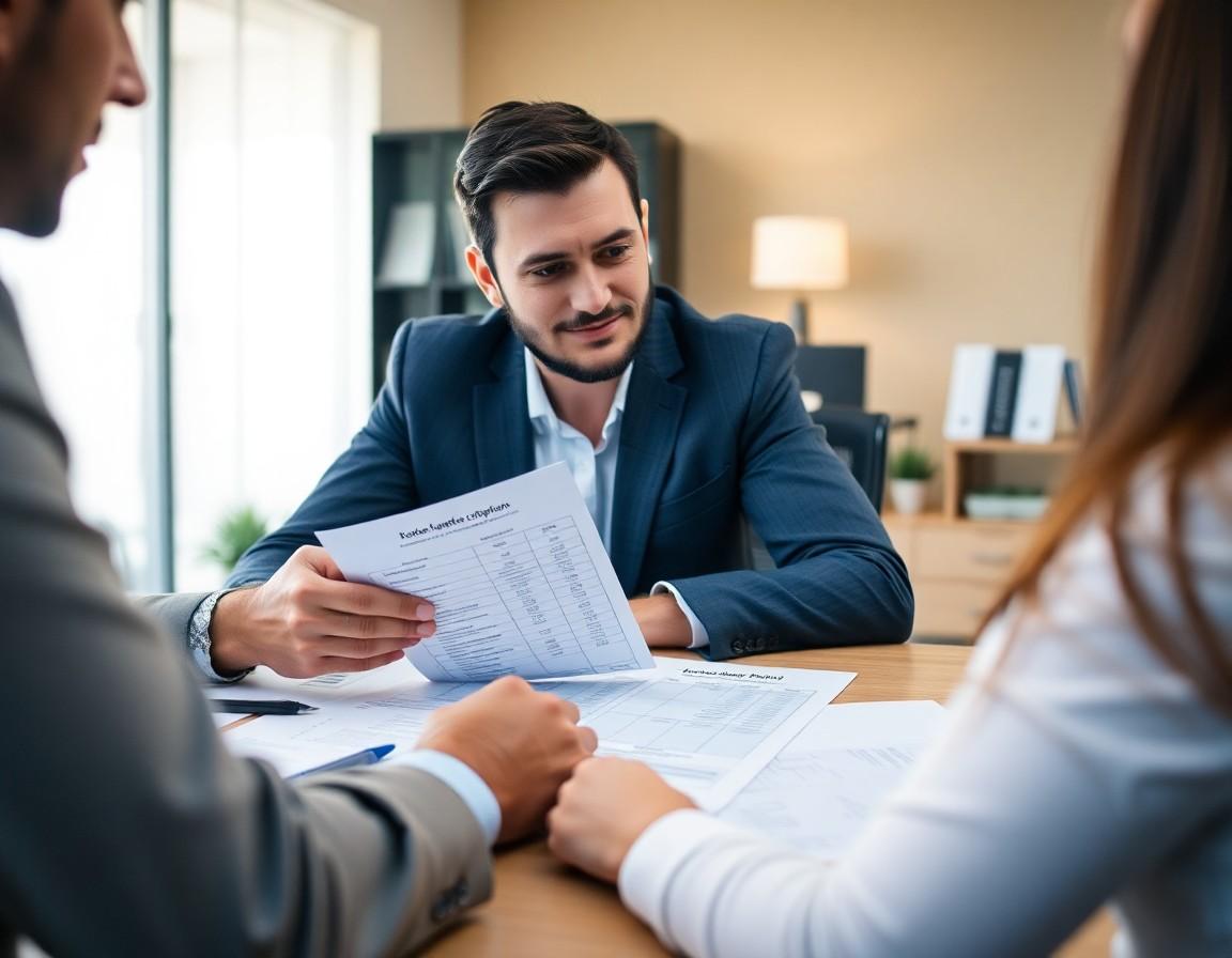 Mortgage broker presenting rate comparison documents to clients at a desk