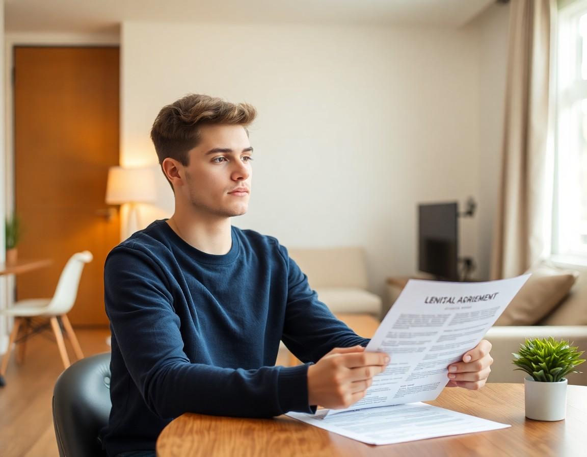 Tenant reading a lease agreement document at home