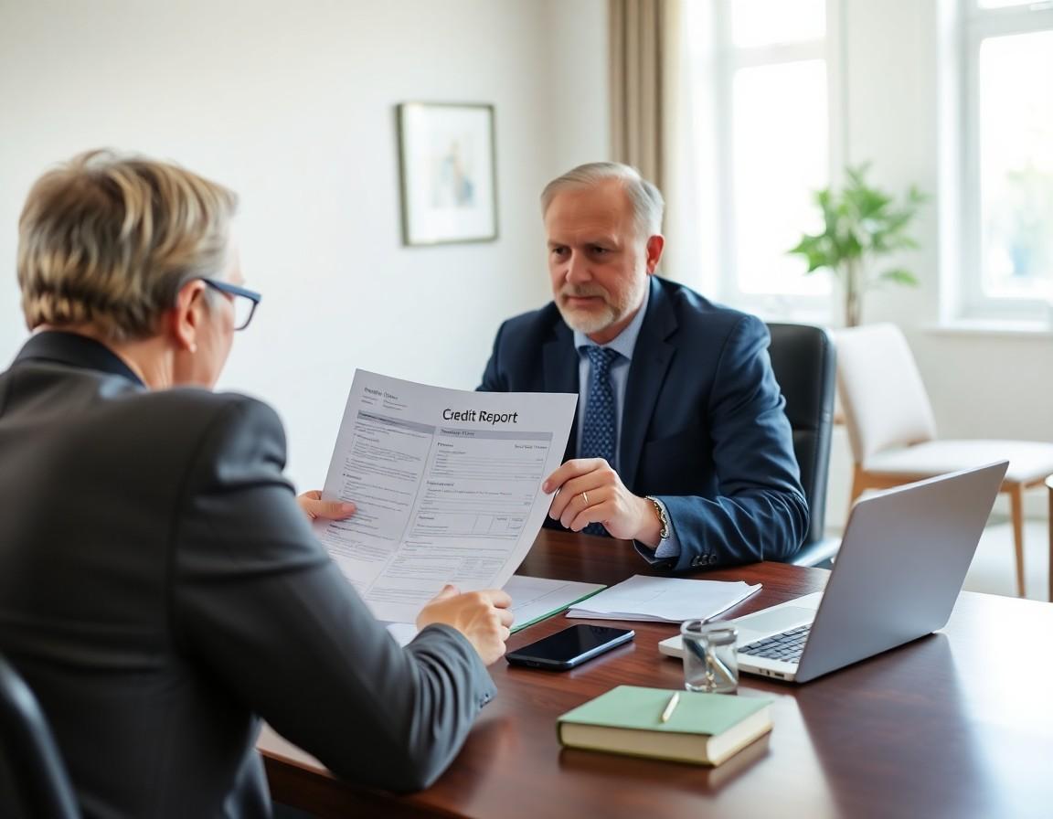 Person reviewing a credit report on a laptop at a desk