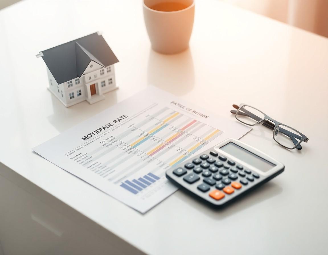 Mortgage rate comparison documents and calculator on a bright desk