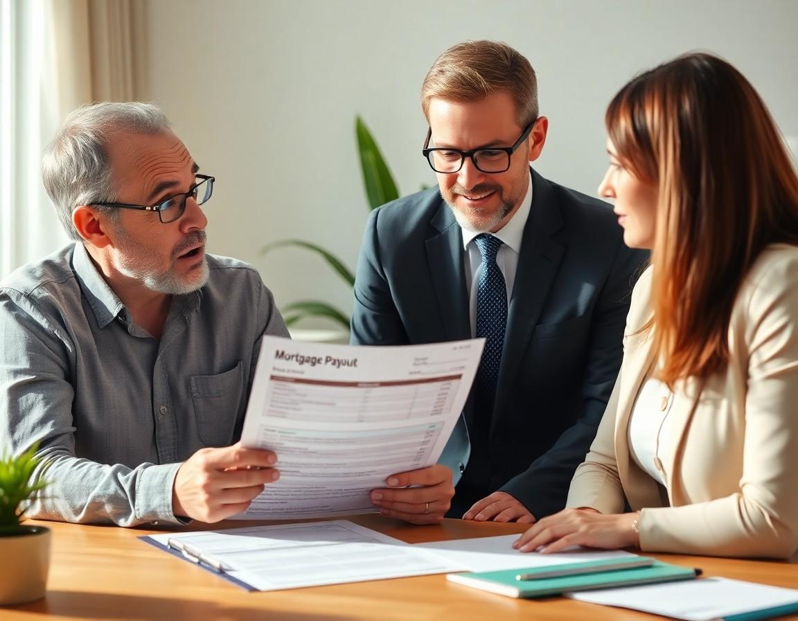 Shocked homeowner reviewing large mortgage penalty payout statement with advisor
