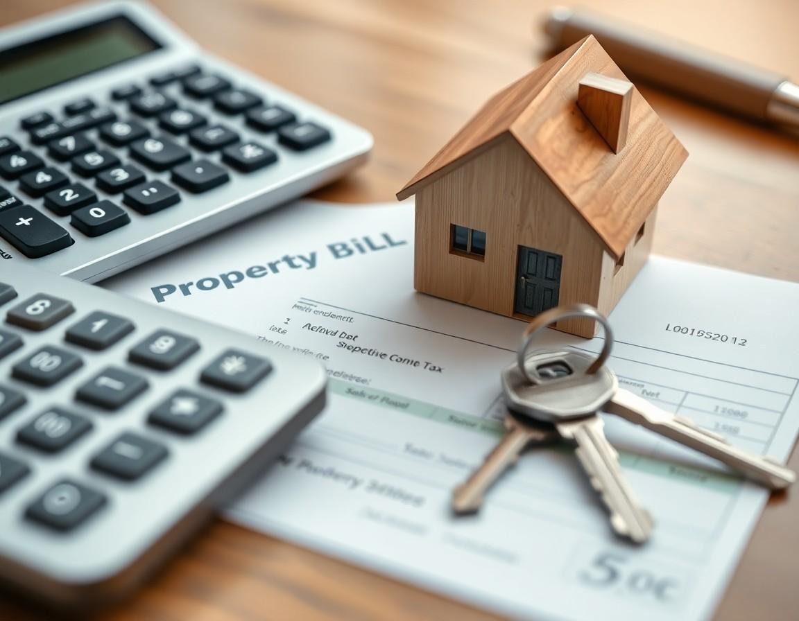 Calculator and property tax documents on a desk