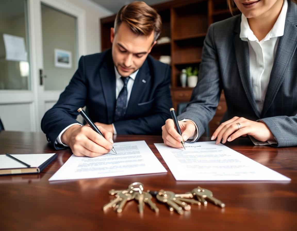 Lawyer and client signing closing documents at a desk