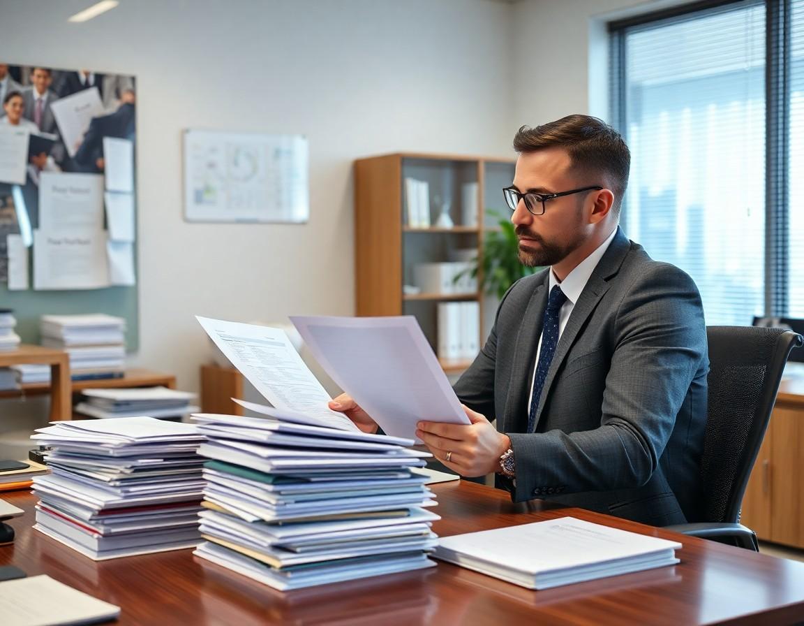 Landlord reviewing a rental application at a desk
